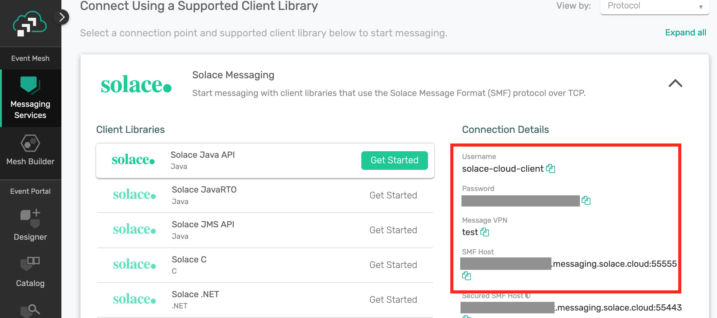 Make a note of the username, password, Message VPN and SMF Host